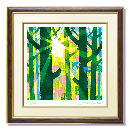幸せの青い鳥絵画 版画 玄関 リビング 額入り 花の絵 プレゼント