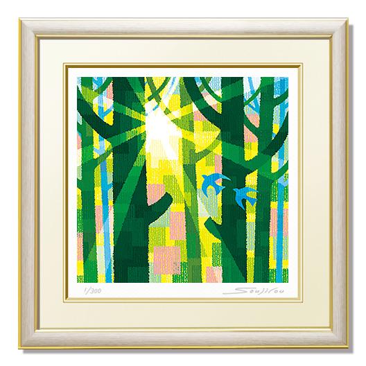 幸せの青い鳥絵画 版画 玄関 リビング 額入り 花の絵 プレゼント