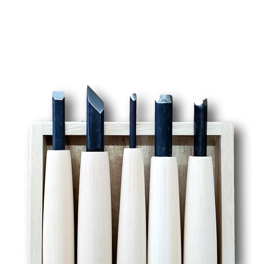 道印 彫刻刀 桐箱入 刃物鋼 5本組 【 年賀状 凸版 版画 】 : 画材