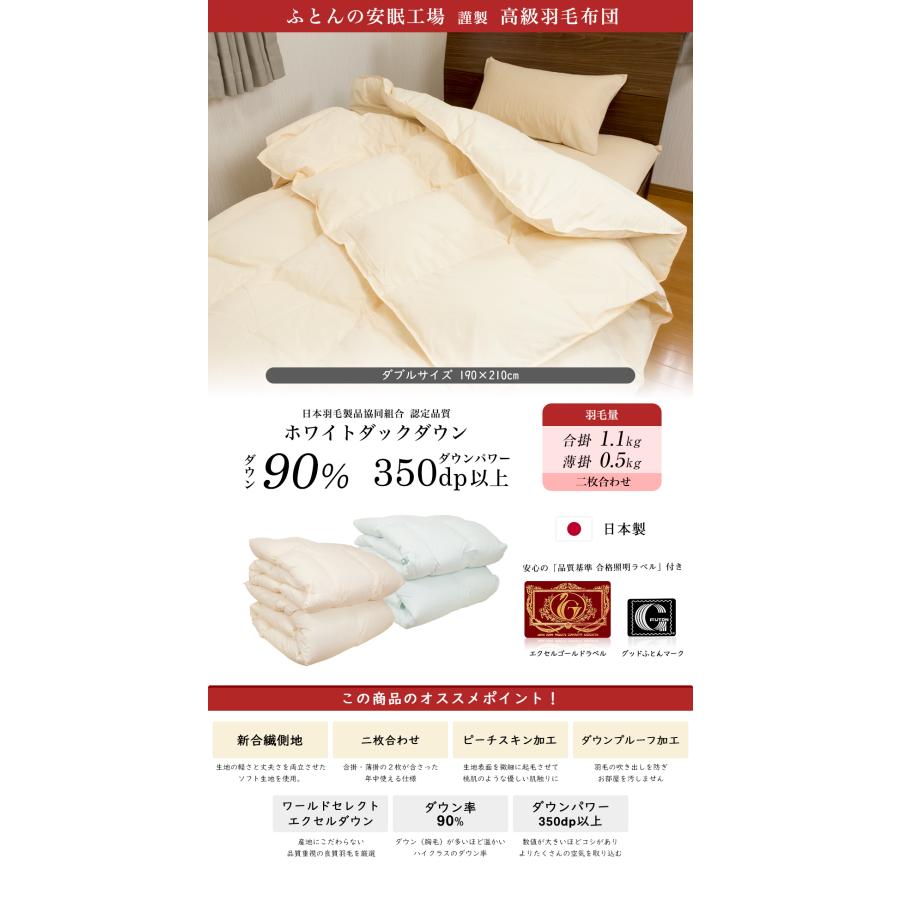 羽毛布団 ダブル 羽毛ふとん 2枚合せ ホワイトダウン90% 合掛1.1kg 薄