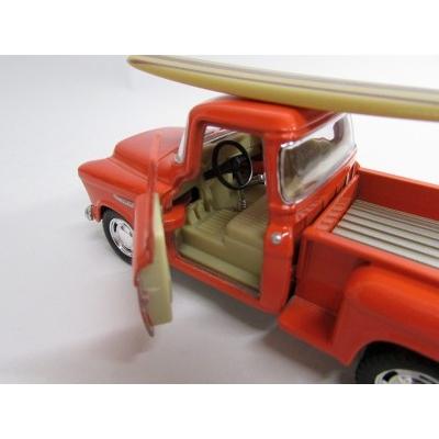 KINSMART 1955 chevy Stepside Pickup with surfboard 1/32 ダイキャストミニカー シェビー ピックアップ オレンジ｜artrenge｜02