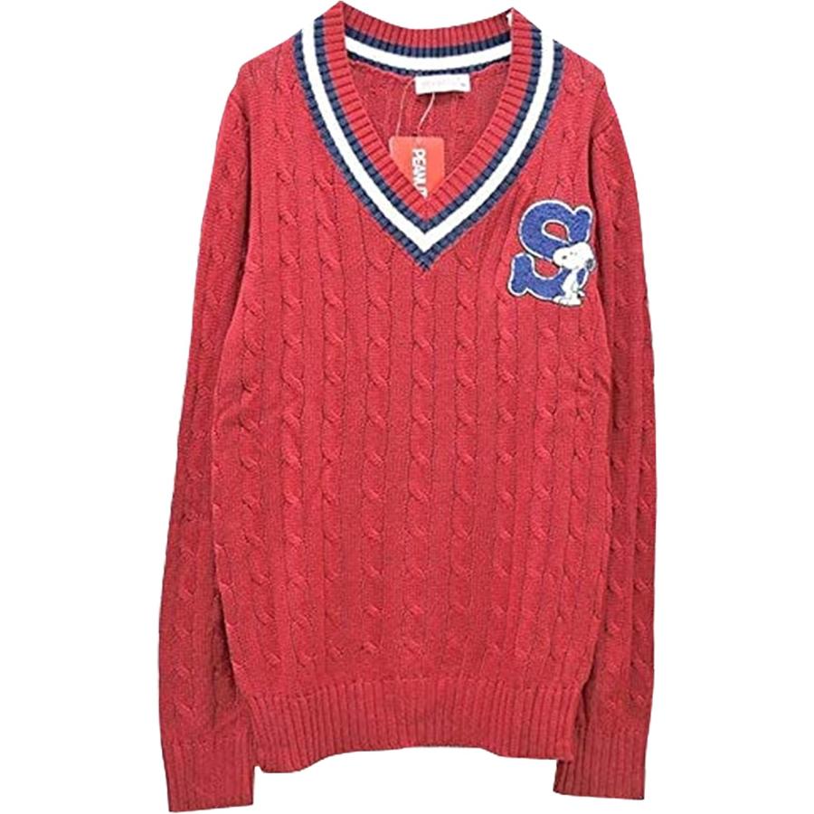 SNOOPY スヌーレディースケーブルニット レッド Lサイズ