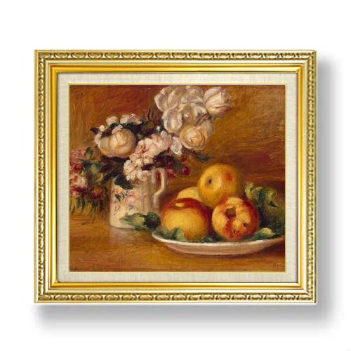 リンゴと花 F10　【油絵 直筆仕上げ 複製画】【額縁付】　絵画　販売 10号　油彩　静物画　673×599mm 送料無料 【習作（ヴァトー）】