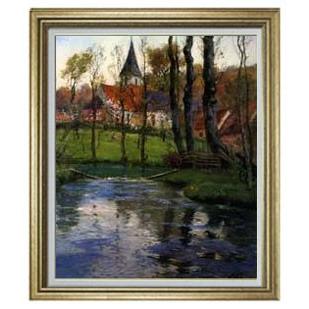 フリット・タヴロー 川沿いの旧教会 Ｆ20　　絵画　販売 20号　風景画　857×736mm 送料無料