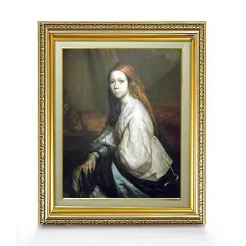 人物画 油彩 グリーン系のフレーム付き ミレー 部屋着姿のポーリーヌ・オノの肖像 F6 6号 油彩 人物画 554