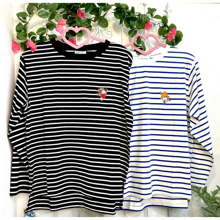 【水森亜土】刺しゅうボーダーロングTシャツ（フリー）/亜土ちゃん/キャラクター/グッズ/ギフト/プレゼント/前着丈64、後着丈67×身幅54cm/綿/男女兼用 | 