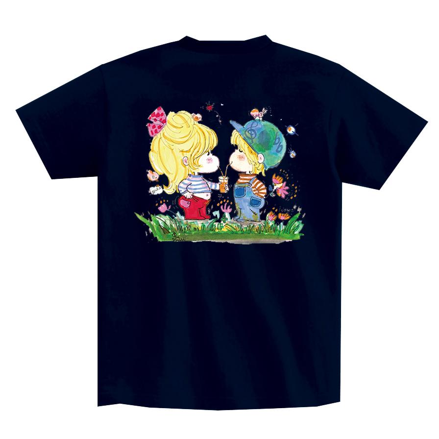 水森亜土】半袖オリジナルバックプリントTシャツ『カップル』/ラメ入り