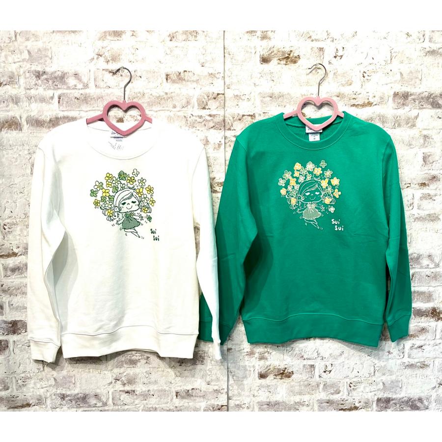 水森亜土】トレーナー 『ハナ』（ホワイト/グリーン）レディース