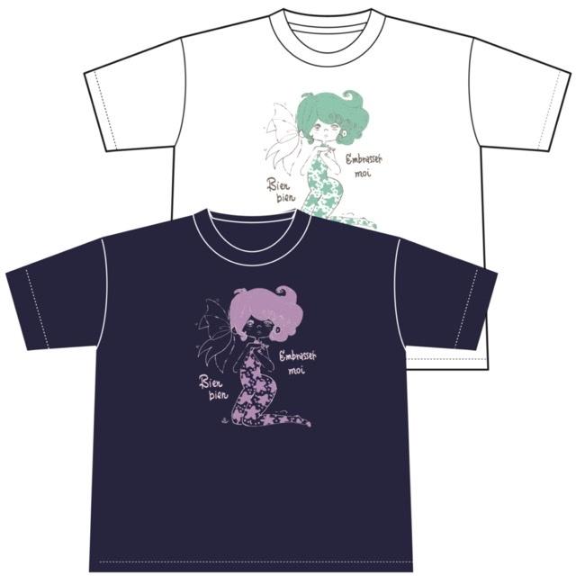 【水森亜土】半袖Tシャツ「リボン」(白／ネイビー) ゆったり/かわいい/男女兼用/あどちゃん/キャラクターグッズ/ギフト/プレゼント/｜artsalonwasabi