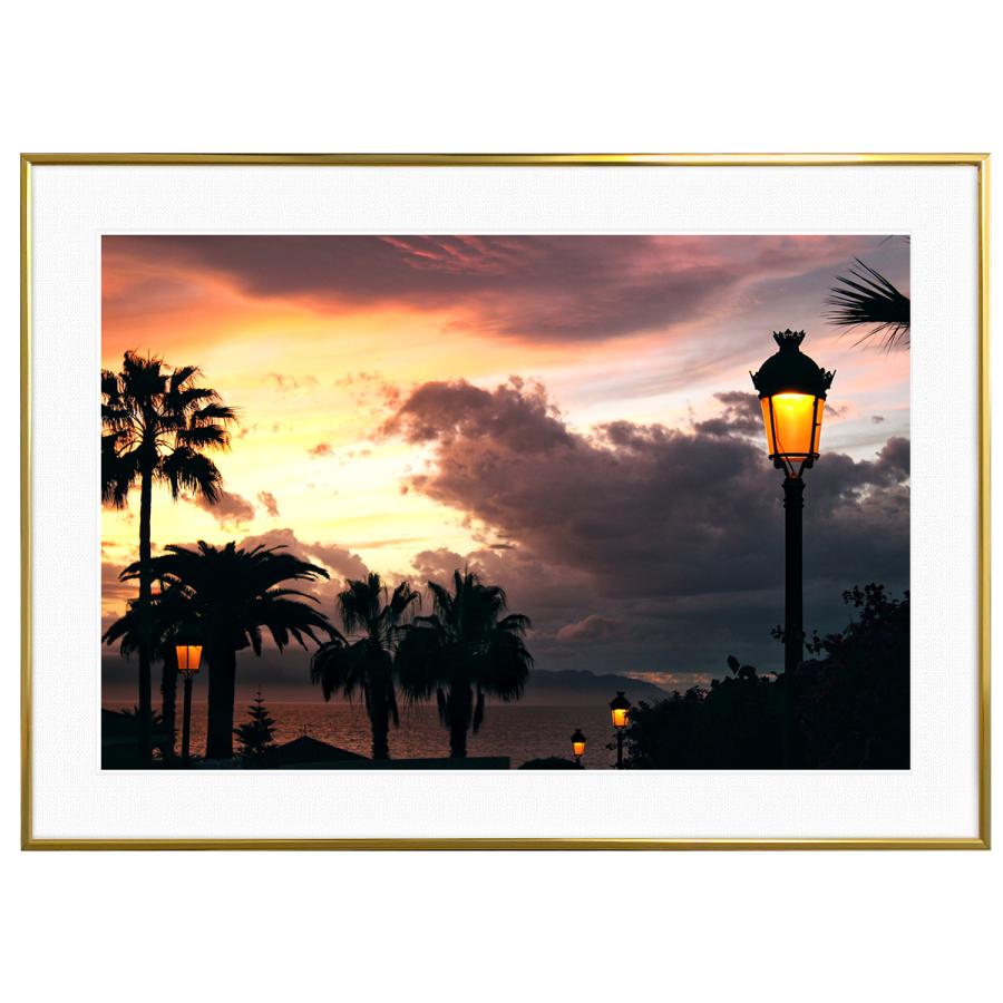 夕日写真 スペイン サンタ・クルス・デ・テネリフェのヤシの木 インテリアアートポスター額装 S〜Lサイズ AS1630｜artsquad
