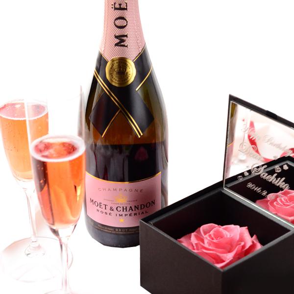 母の日 セット商品 プリザボックス 名入れミラー＆ダイヤモンドローズ ＆シャンパン モエ ロゼ750ml ＆リーデルシャンパングラス ２コ セット 爆買 | MOET＆CHANDON