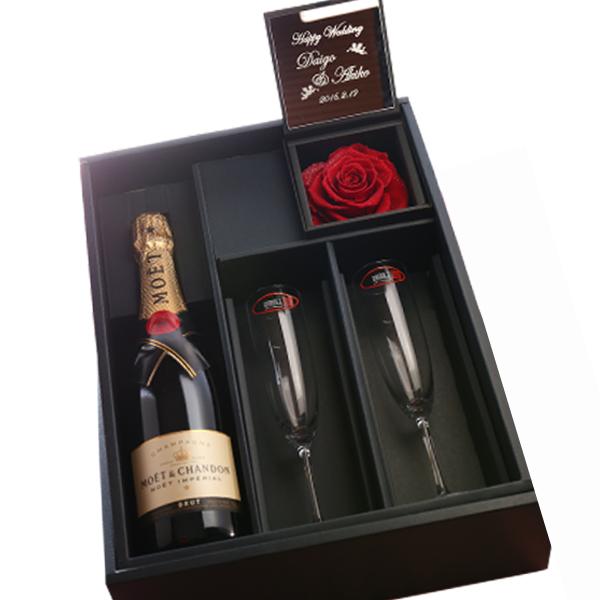 母の日 セット商品 プリザボックス 名入れミラー＆ダイヤモンドローズ ＆シャンパン モエ 白750ml ＆リーデルシャンパングラス ２コ セット 爆買 | MOET＆CHANDON