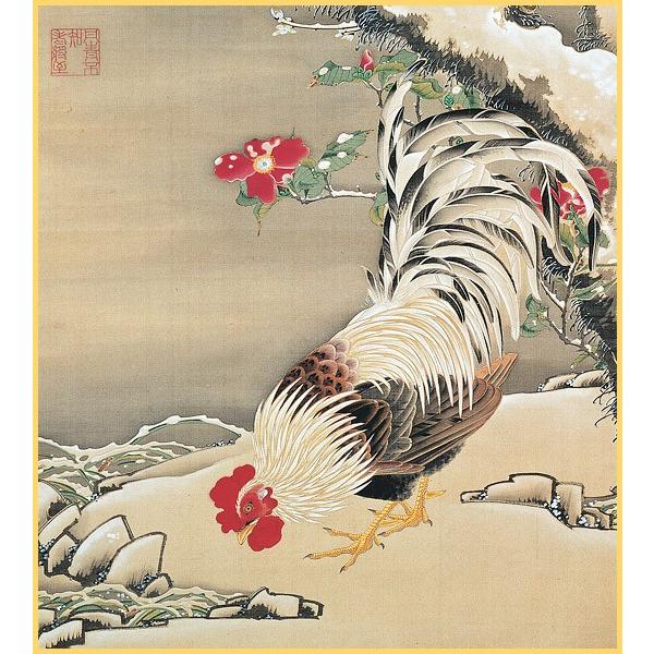 干支色紙 酉年 -雪梅雄鶏図- 伊藤若冲筆 / たとう紙・解説付 : 京都