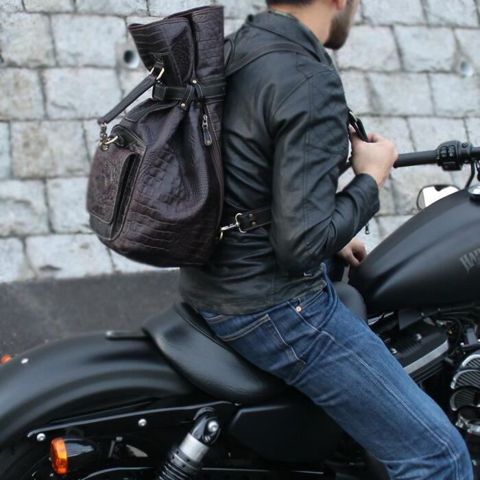 本革 ボンサック 2way リュック バックパック 型押し エンボス