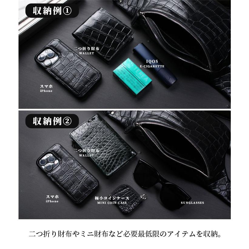 クロコダイル ミニ ボディバッグ 本革 ショルダーバッグ バッグ ウエストバッグ 鞄 ワニ革 鰐革 革 ブラック コンパクト スリム 小さい アルバ aruba bb914r30_4