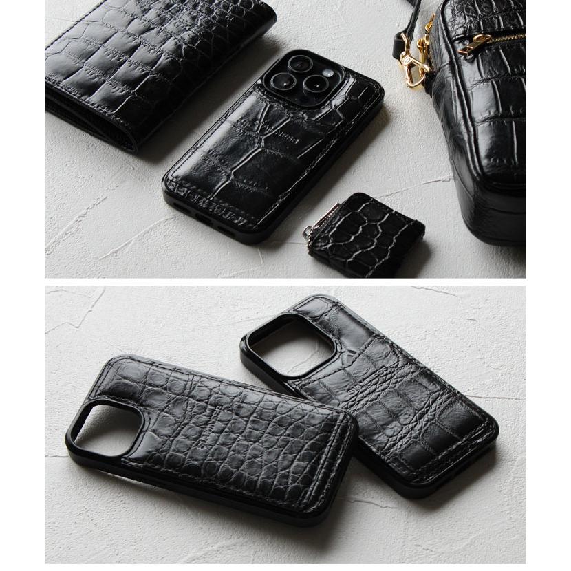 クロコダイル シャイニング ブラック iPhone15 ProMax カバー 革 iPhone15 シリーズ クロコダイル クロコ スマホケース iPhone 15