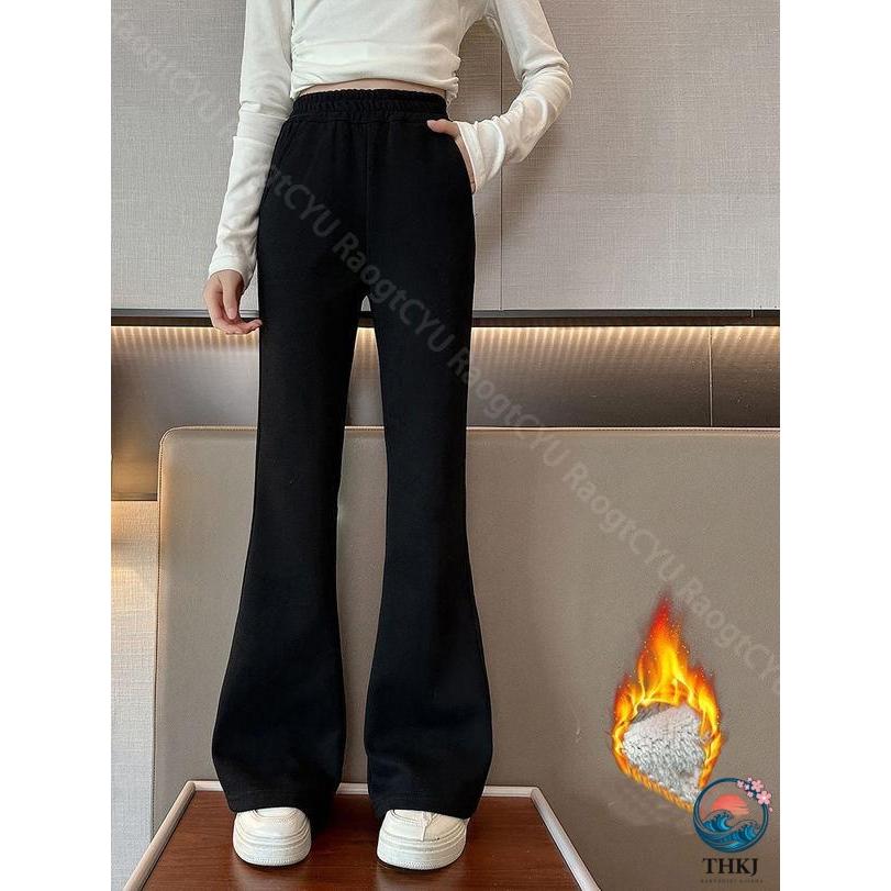 裏起毛フレアパンツ ポケット 無地 子供服 キッズ 女の子 THKJ カジュアル ストレッチ ロング スウェットパンツ ジュニア ガールズ 快適 着回しやすいの画像
