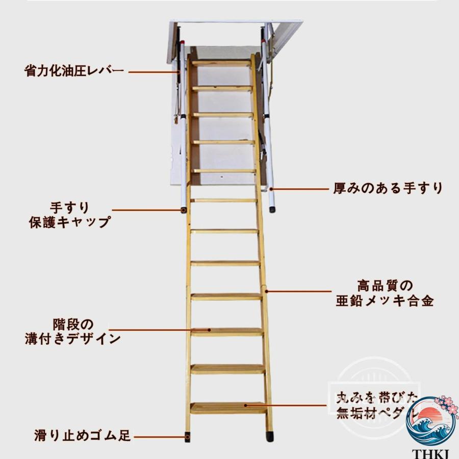 屋根裏はしご 木製 ハシゴ 屋根裏階段 ロフトはしご 折りたたみ 天井収納はしご THKJ 隠れる 伸縮はしご 足置き広い 手すり付き 脚立 耐荷重250KG 軽量 安定感_2