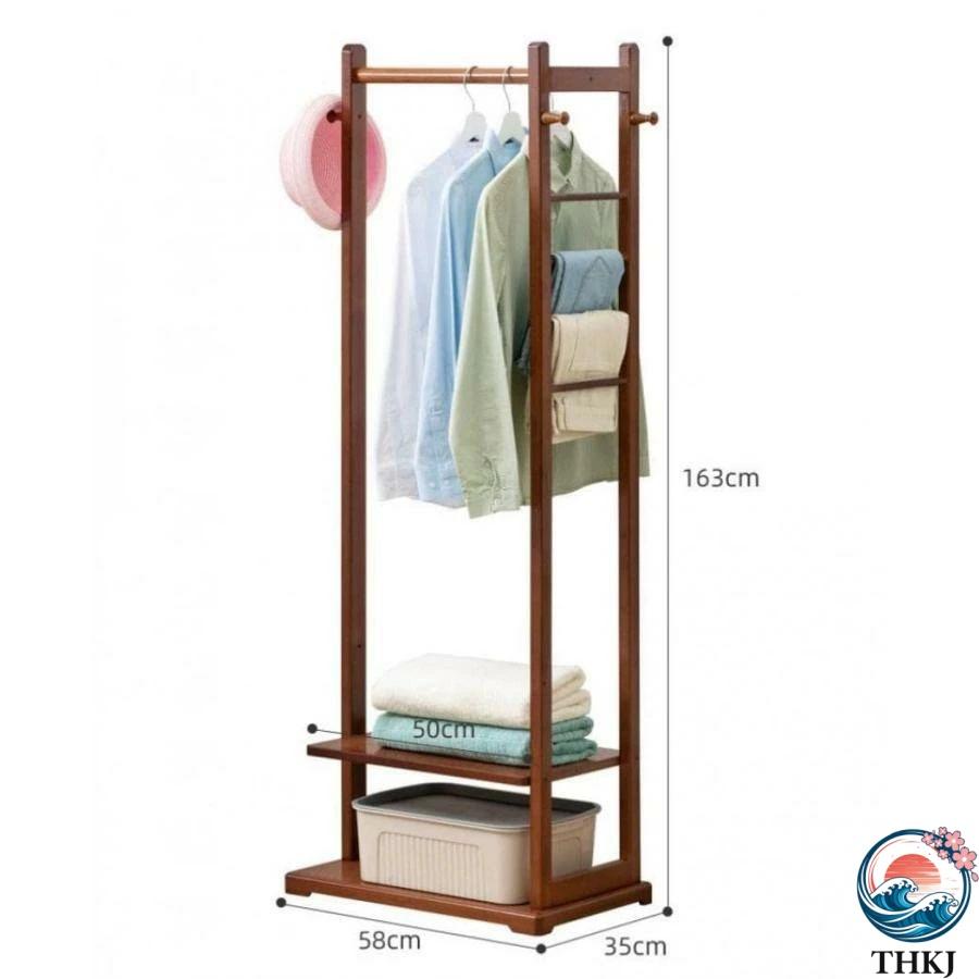ハンガーラック 竹製 衣類収納 幅58cm 耐荷重60kg たっぷり収納 2段棚 THKJ 洋服掛け ラック ワードロープ 洋服ラック 棚付き コートハンガー 洋服ハ_1