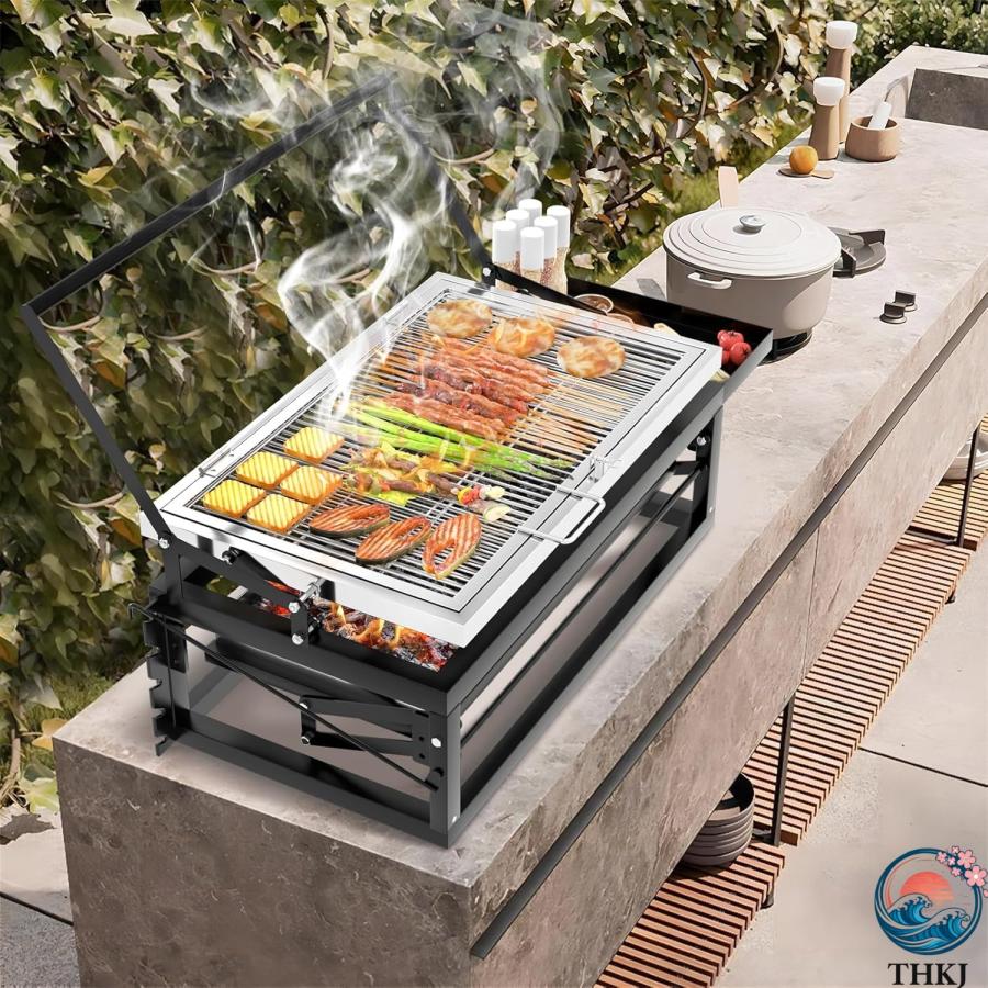 バーベキューコンロ bbq 焚き火台 大型 10人用 火力調節可能 THKJ 360度回転可能な調理グリッド 取り外し可能なトレイ 使いやすい 時短調理 お手入れ簡単の画像