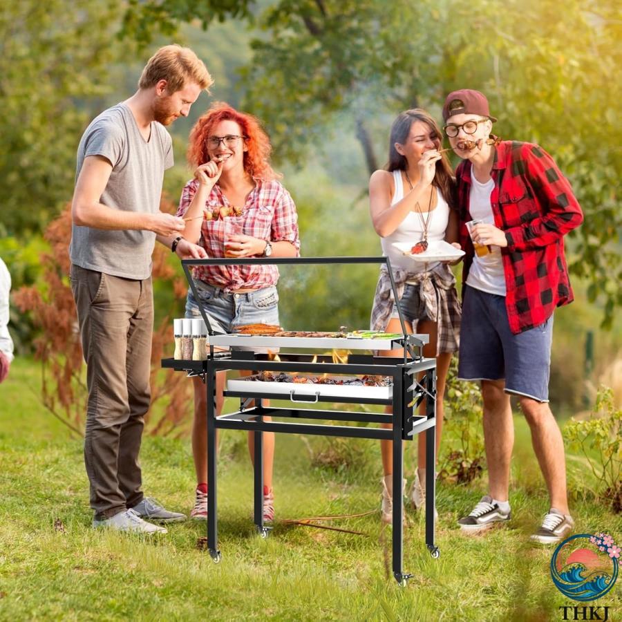 バーベキューコンロ bbq 焚き火台 大型 10人用 火力調節可能 THKJ 360度回転可能な調理グリッド 取り外し可能なトレイ 使いやすい 時短調理 お手入れ簡単の画像