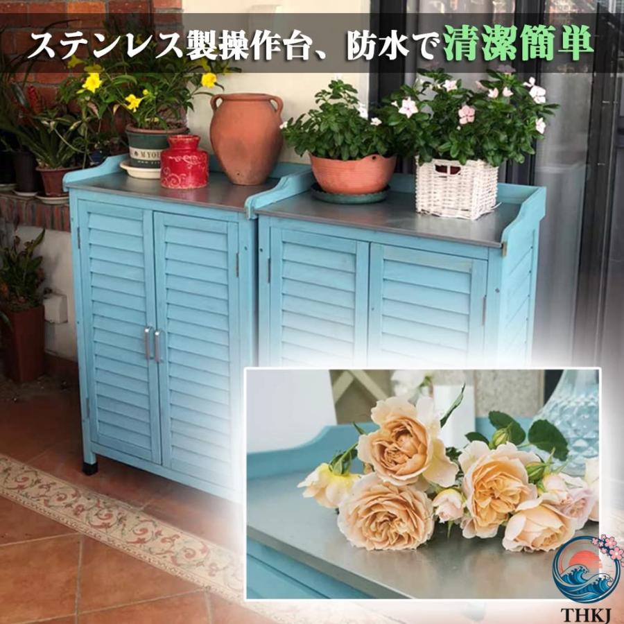 物置 屋外 小型 木製 ステンレス操作台付き 木製物置 観音開き 収納庫 両開き THKJ 扉付き ベランダ ラック 庭 ガレージ 駐輪場 収納 掃除道具 倉庫 長さ85×