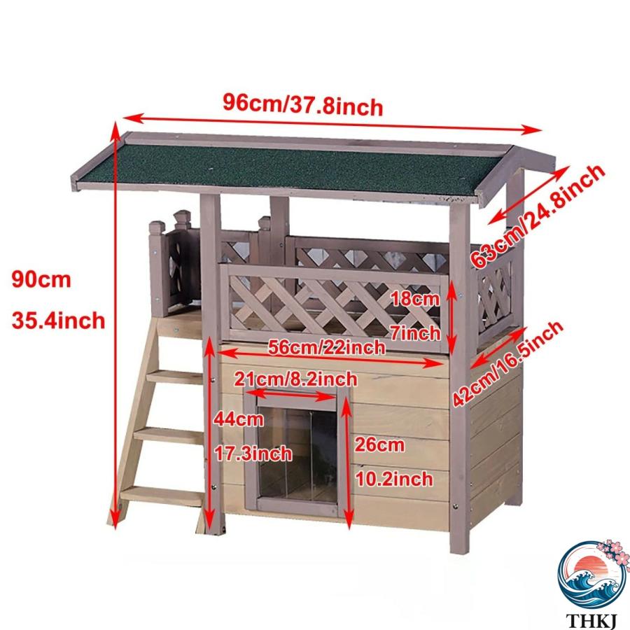 猫 ハウス 屋外用 防水 防寒 キャットハウス 2階建て ドアカーテン付き THKJ 猫の家 木製で耐候性に優れている 屋外用野良猫シェルター Si 使いやすい_1