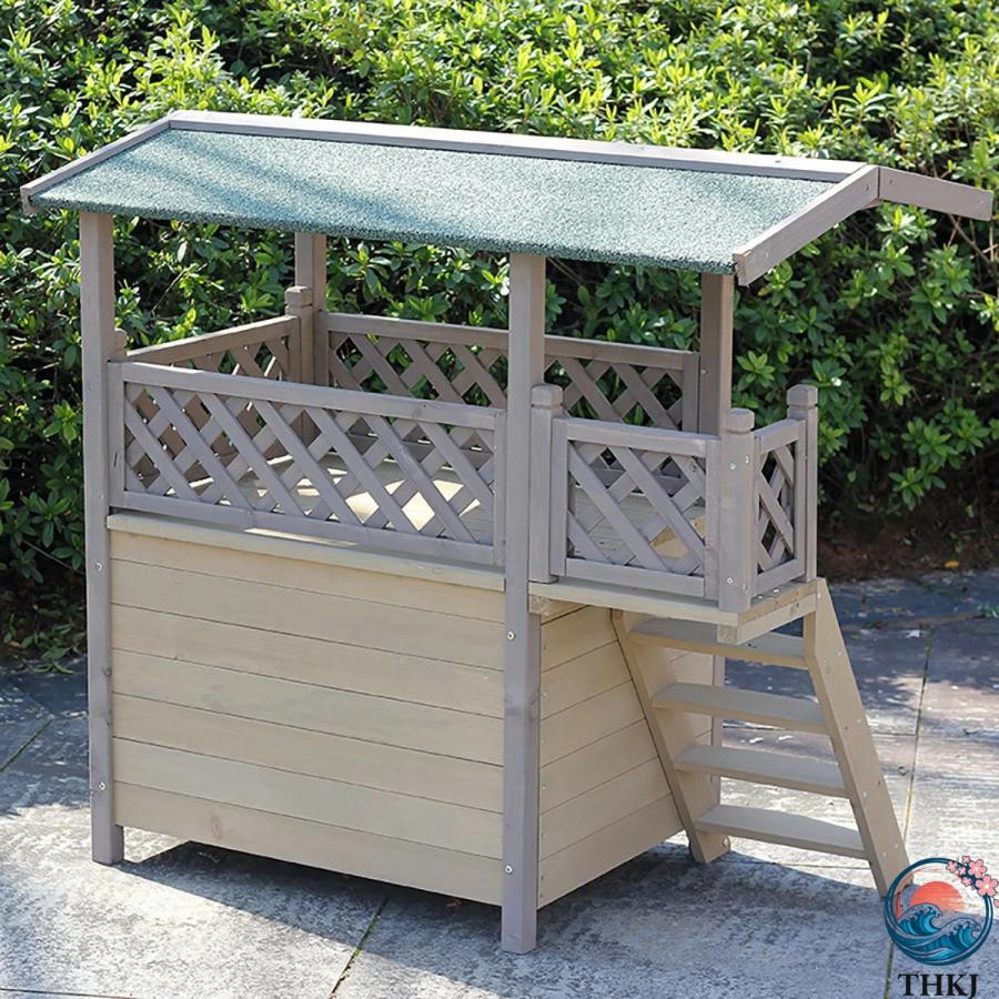 猫 ハウス 屋外用 防水 防寒 キャットハウス 2階建て ドアカーテン付き THKJ 猫の家 木製で耐候性に優れている 屋外用野良猫シェルター Si 使いやすい_3