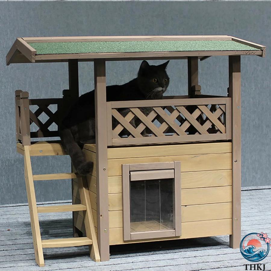 猫 ハウス 屋外用 防水 防寒 キャットハウス 2階建て ドアカーテン付き THKJ 猫の家 木製で耐候性に優れている 屋外用野良猫シェルター Si 使いやすい_6