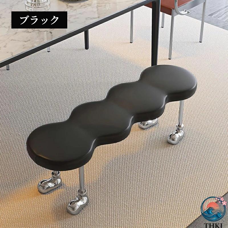 PUレザー デザインベンチ 可愛い 長椅子 シンプル クリエイティブ 金属脚 THKJ ユニーク ホワイト 白 ブラック 黒 ダイニングチェア インテリアベンチ モの画像