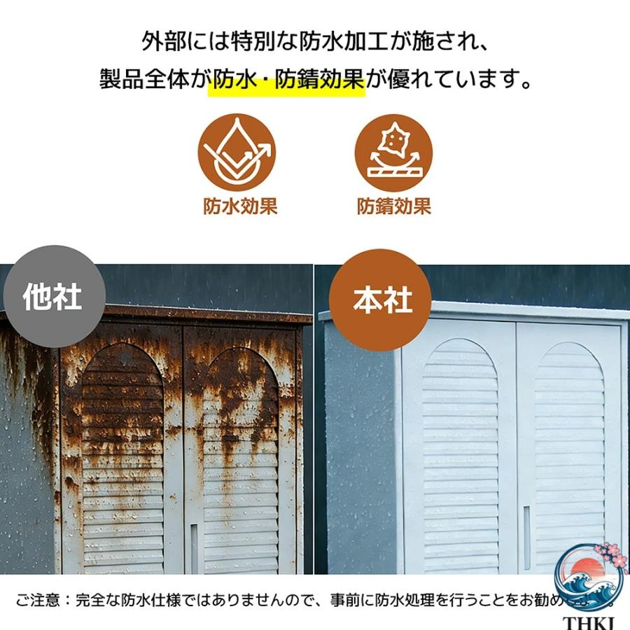 物置 収納庫 屋外 大型 倉庫 室外収納庫 屋外収納キャビネット 両開きドア THKJ ブラック ホワイト 黒 白 物置き台 収納ボード付き 収納ポール 大容量 タの画像