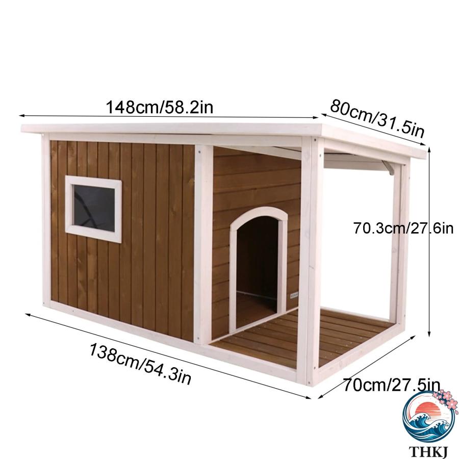 木製犬小屋 屋内用 無垢材アスファルト屋根犬小屋 THKJ 大型ポーチ付き