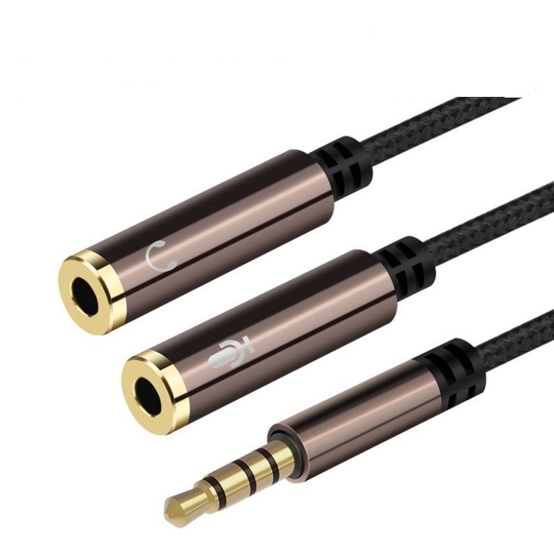 3.5mm変換ケーブル 4極（オス）ヘッドホンマイク（メス）用分配メッシュケーブル ミニプラグ3.5mmステレオミニジャック/A010