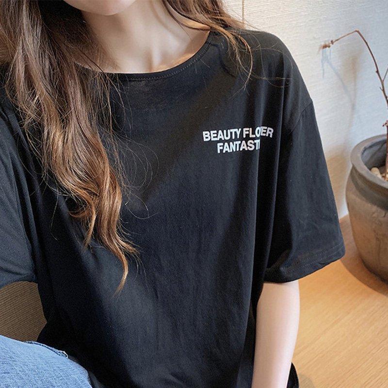 Tシャツ黒白韓国原宿系ストリート半袖変形Tシャツユニセックス大人可愛いゆったりかわいい春服無地ワンポイント｜as-stores｜05