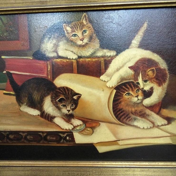 5685 アンティーク雑貨 猫 ネコ 絵画 ビンテージ 欧州アンティーク市場