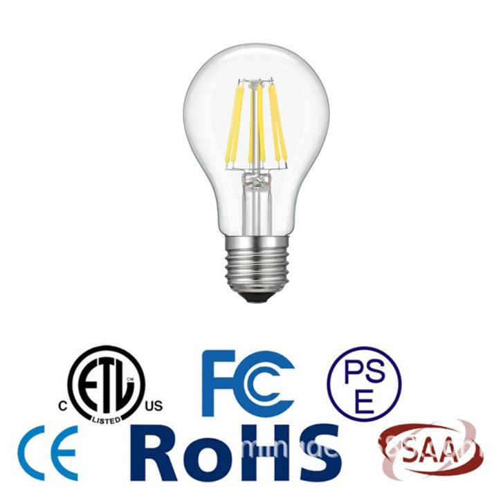 LED電球A60型6w E26調光器密閉器具対応白昼色5000kクリア 艶消し 高品質タングステンフィラメント安全安心FCC ETL RoHS