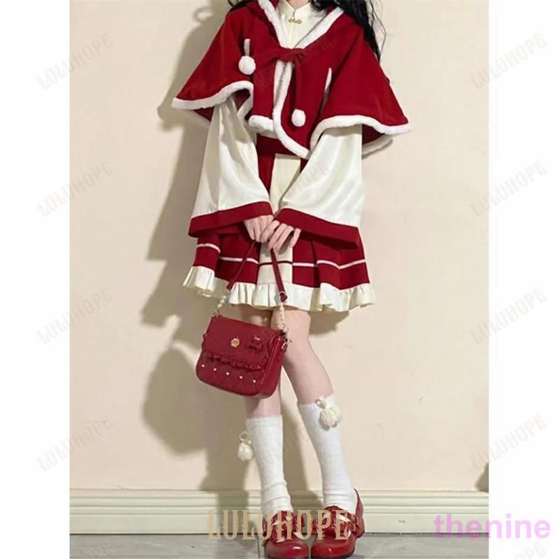 ワンピース トップス マント+シャツ+スカート レディース パフスリーブ セットアップ 3点 長袖 秋冬 もこもこ 可愛い クリスマス S~XL レッド 赤 ホワ ワンピース トップス マント+シャツ+スカート レディース パフスリーブ
