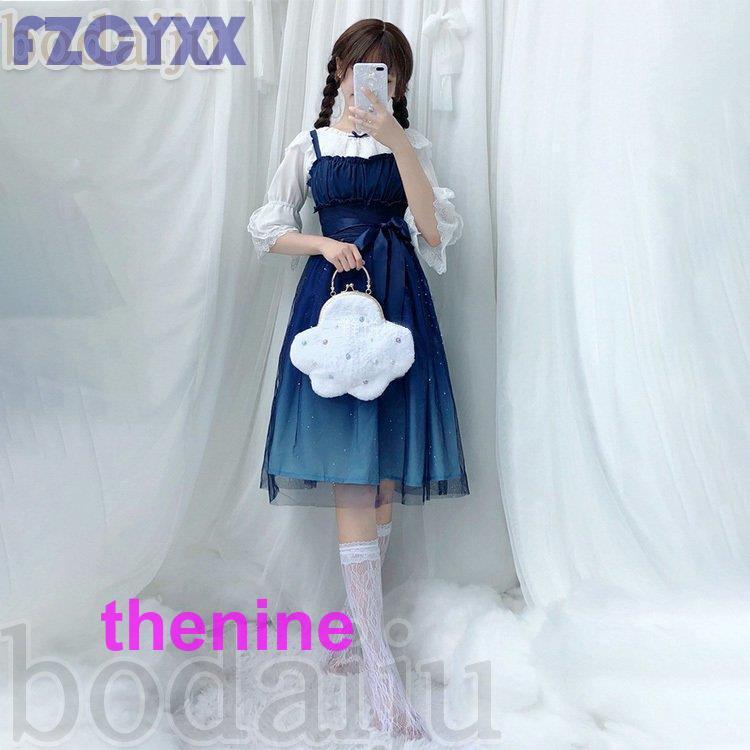 ワンピース コスチューム 衣装 ロリータ ゴスロリ  Aライン メイド服 リボン レディース 星空柄 ミディアム丈 可愛い ドレス メイド 女性 仮装 大人の画像