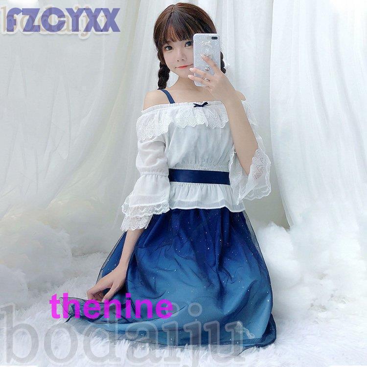 ワンピース コスチューム 衣装 ロリータ ゴスロリ  Aライン メイド服 リボン レディース 星空柄 ミディアム丈 可愛い ドレス メイド 女性 仮装 大人の画像