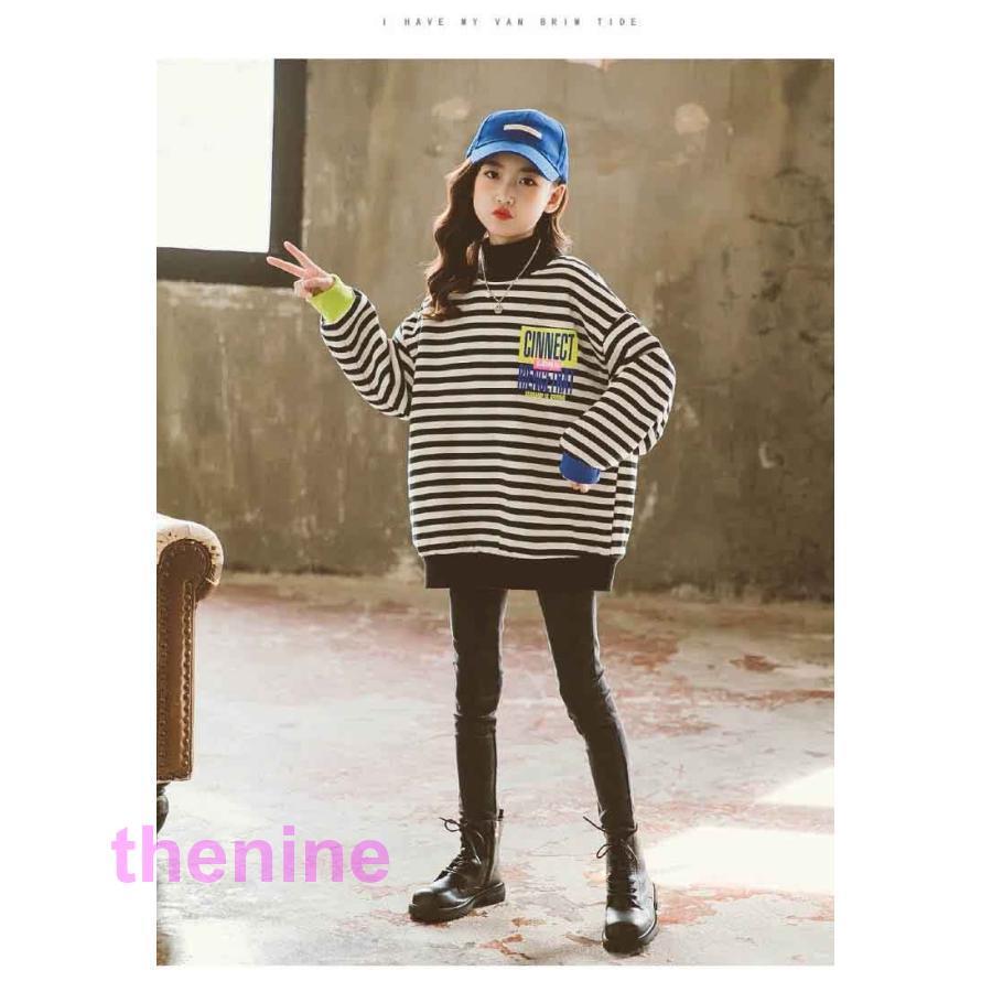 春秋 ハーフネックト ロング トレーナー ボーダー柄 トレーナー タートルネック 長袖 Tシャツ カジュアル ペアルック トップス ママサイズ 女の子 男の子の画像