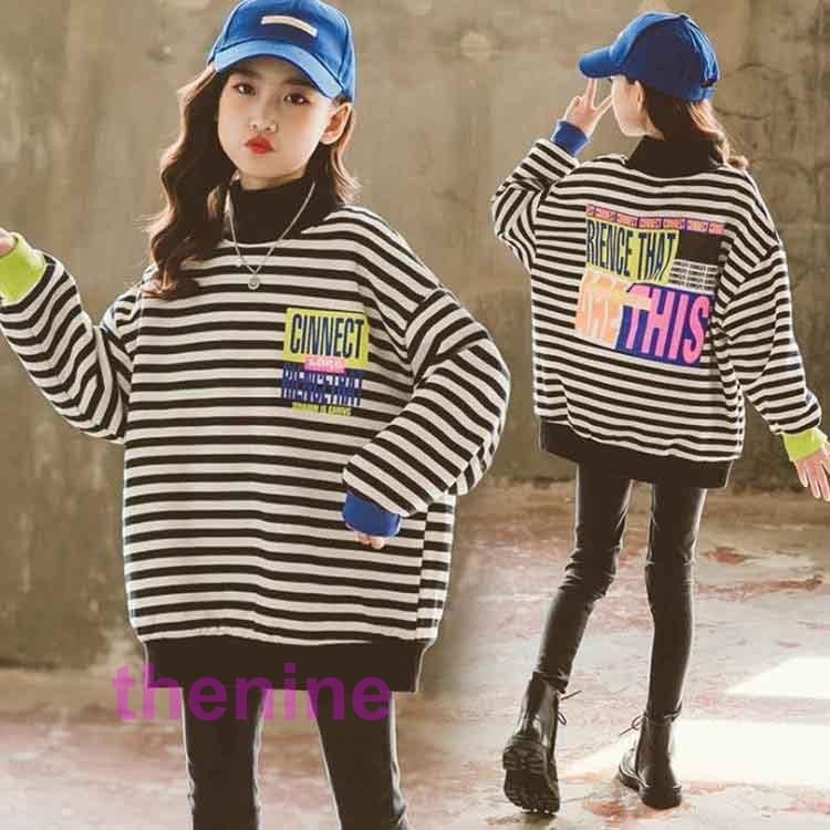 春秋 ハーフネックト ロング トレーナー ボーダー柄 トレーナー タートルネック 長袖 Tシャツ カジュアル ペアルック トップス ママサイズ 女の子 男の子の画像