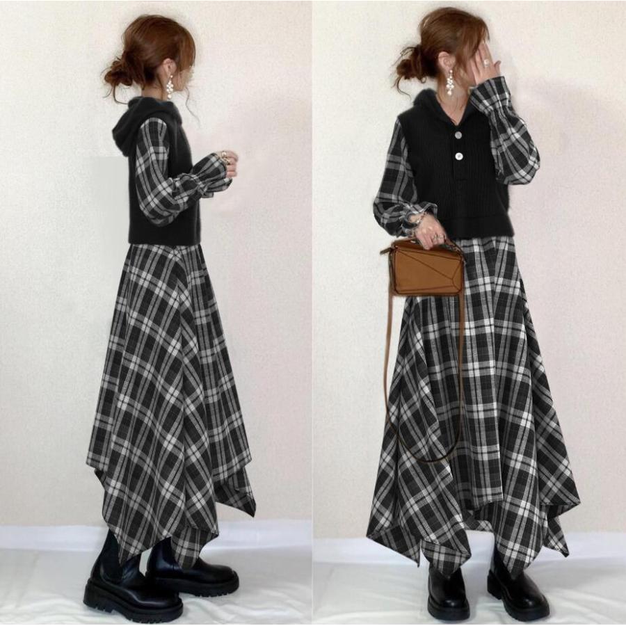 ワンピース レディース 40代 秋冬 長袖 ロングワンピース 仮2枚 v