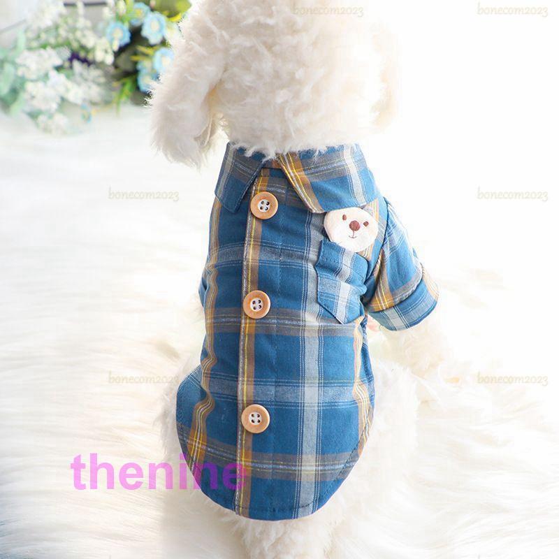 ドッグウェア シャツ 襟付き 犬服 猫服 ペット用品 小型犬 トップス 袖あり チェック柄 前開き スナップボタン クマ おしゃれ かっこいい かわいい 飾りボタ｜asae0216｜04