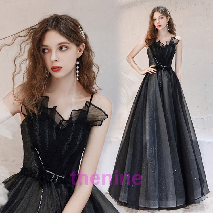 イブニングドレス 黒 ロングドレス キャミドレス ブラック 発表会ドレス 演奏会ドレス チュール パーティードレス 二次会ドレス お呼ばれドレス ロング Aライン | ブランド登録なし