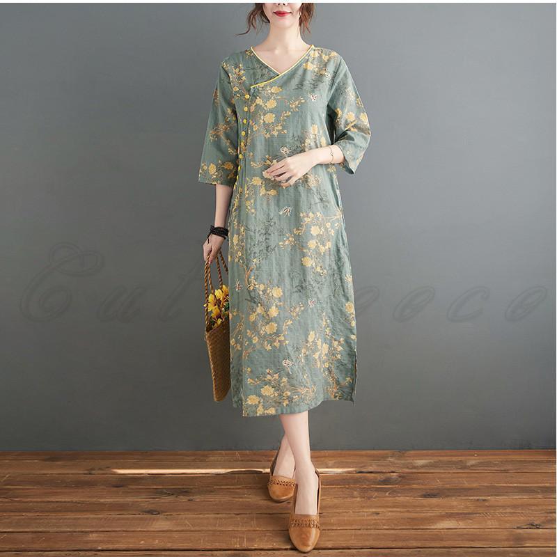 チャイナドレス風ワンピース レディース 花柄 ロング丈 五分袖
