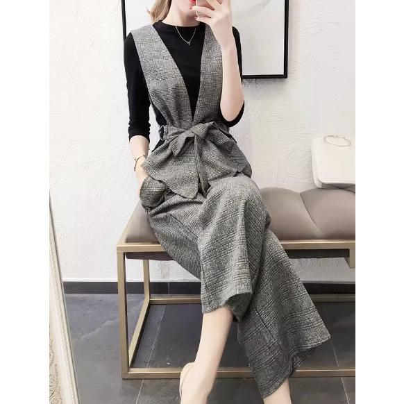 セットアップレディースワイドパンツチェック3点セットトップスベスト