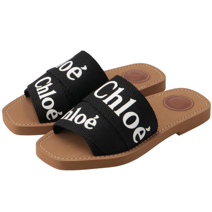 Chloe CHLOE サンダル WOODY ロゴ リネン フラットミュール シューズ  