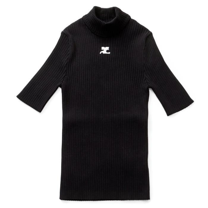 Courreges - クレージュ COURREGES リブ ニット REEDITION ショートスリーブ ロゴ セーター ハイネック PERMPU026 FI0001 9999 courreges COURREGES リブ ニット REEDITION ショートスリーブ