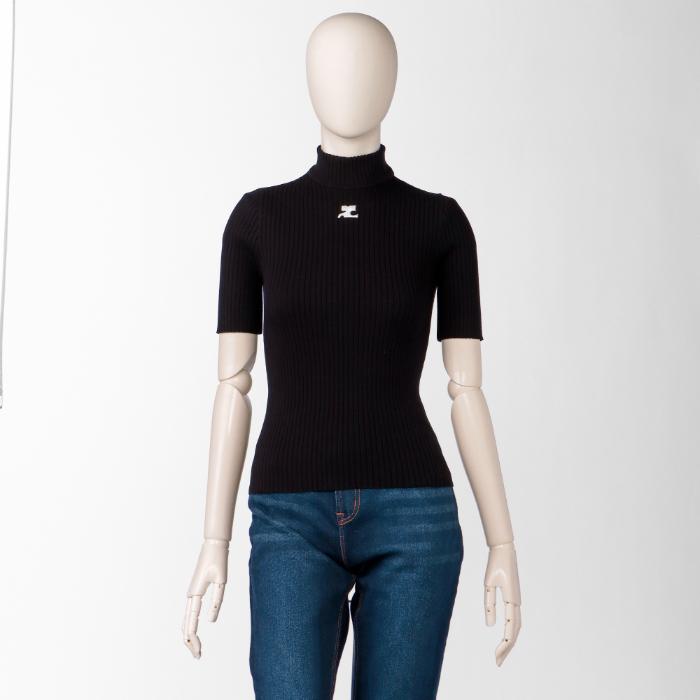 Courreges - クレージュ COURREGES リブ ニット REEDITION ショートスリーブ ロゴ セーター ハイネック PERMPU026 FI0001 9999 courreges COURREGES リブ ニット REEDITION ショートスリーブ