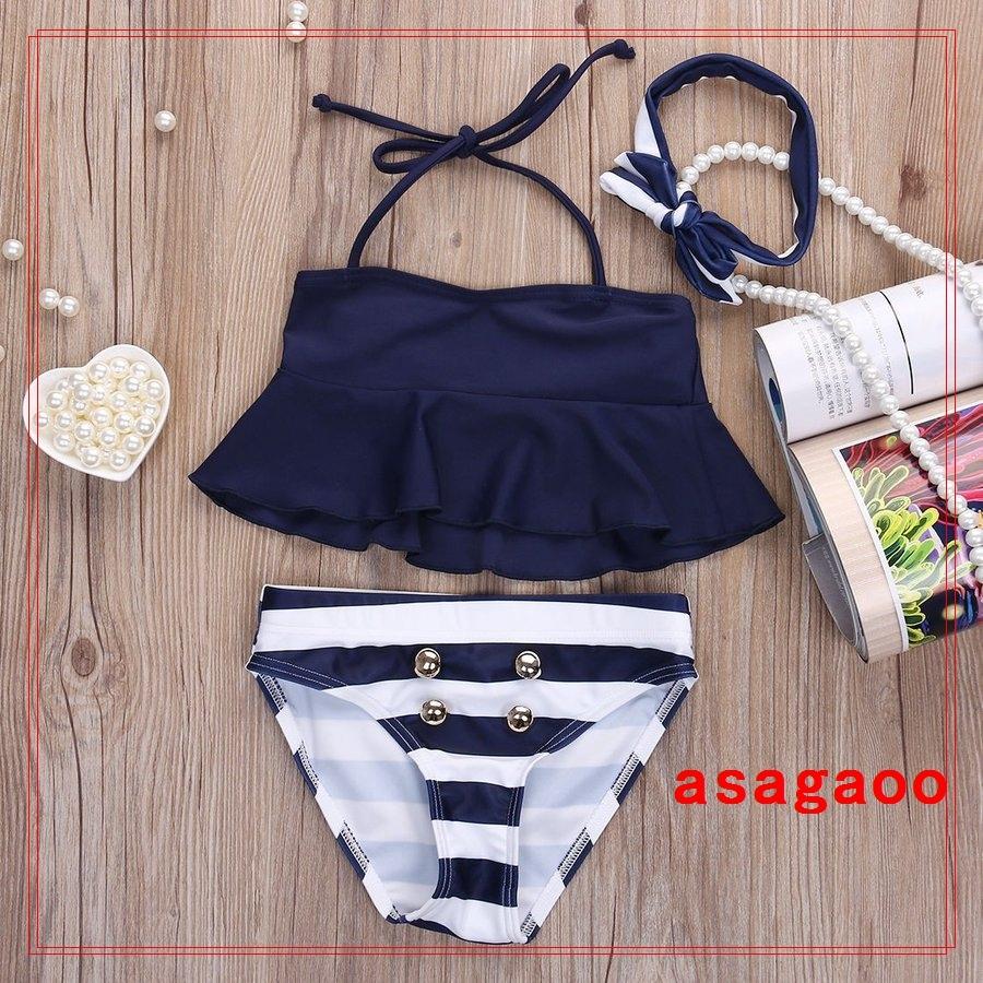 ベビー水着３ピースネイビーボーダービキニ夏海水浴プール女の子幼児セパレート 80 Off